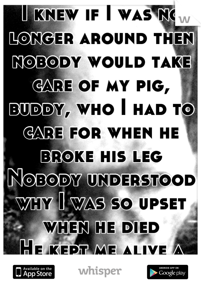 I knew if I was no longer around then nobody would take care of my pig, buddy, who I had to care for when he broke his leg
Nobody understood why I was so upset when he died
He kept me alive a long time