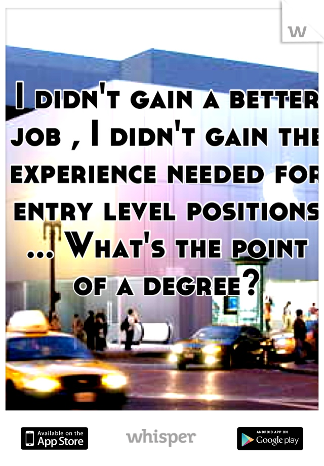 I didn't gain a better job , I didn't gain the experience needed for entry level positions ... What's the point of a degree?