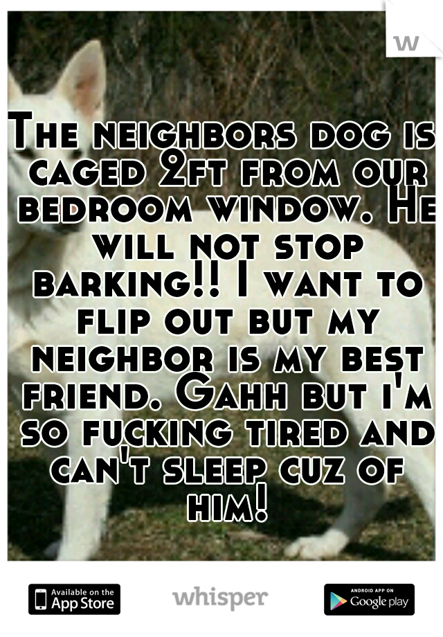 The neighbors dog is caged 2ft from our bedroom window. He will not stop barking!! I want to flip out but my neighbor is my best friend. Gahh but i'm so fucking tired and can't sleep cuz of him!