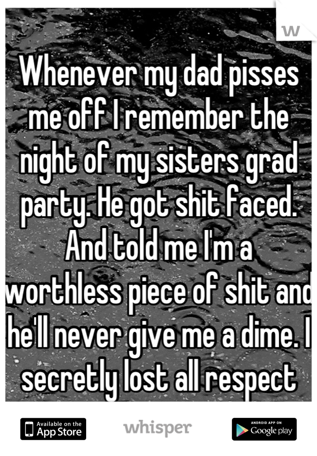 Whenever my dad pisses me off I remember the night of my sisters grad party. He got shit faced. And told me I'm a worthless piece of shit and he'll never give me a dime. I secretly lost all respect
