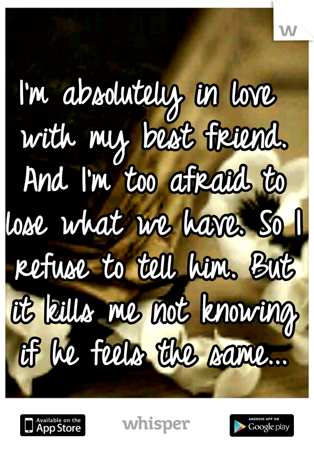 I'm absolutely in love with my best friend. And I'm too afraid to lose what we have. So I refuse to tell him. But it kills me not knowing if he feels the same...