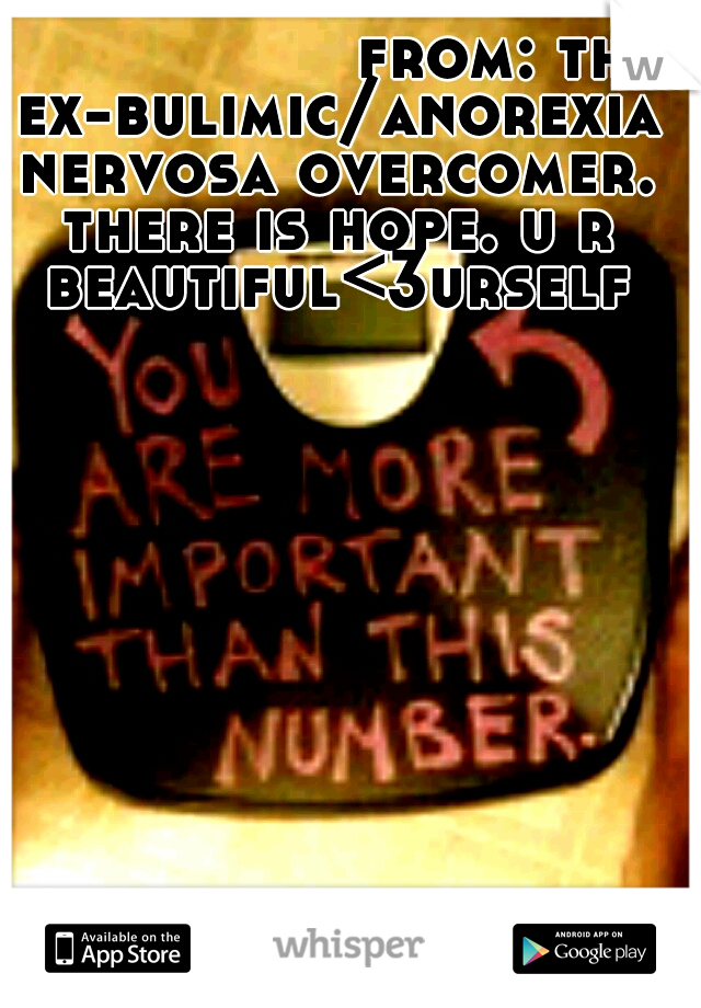










from: the ex-bulimic/anorexia nervosa overcomer. there is hope. u r beautiful<3urself