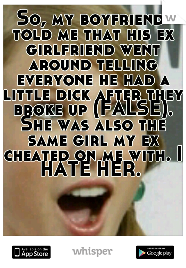 So, my boyfriend told me that his ex girlfriend went around telling everyone he had a little dick after they broke up (FALSE). She was also the same girl my ex cheated on me with. I HATE HER. 