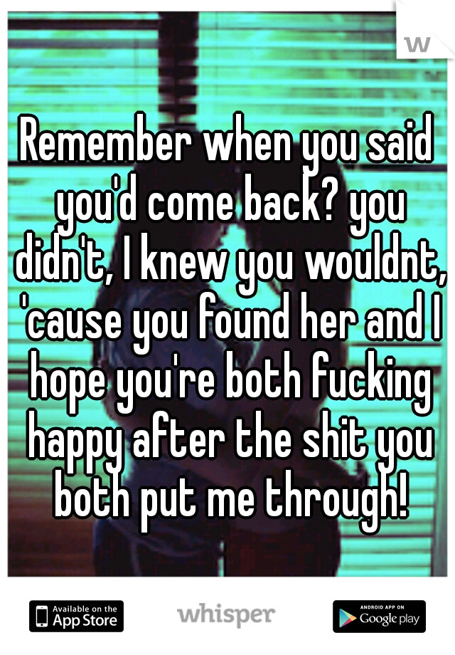 Remember when you said you'd come back? you didn't, I knew you wouldnt, 'cause you found her and I hope you're both fucking happy after the shit you both put me through!