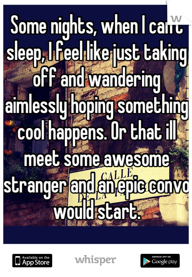 Some nights, when I can't sleep, I feel like just taking off and wandering aimlessly hoping something cool happens. Or that ill meet some awesome stranger and an epic convo would start.