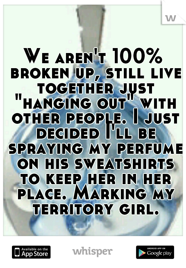 We aren't 100% broken up, still live together just "hanging out" with other people. I just decided I'll be spraying my perfume on his sweatshirts to keep her in her place. Marking my territory girl.