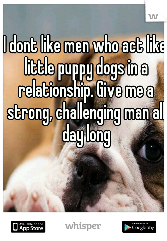 I dont like men who act like little puppy dogs in a relationship. Give me a strong, challenging man all day long