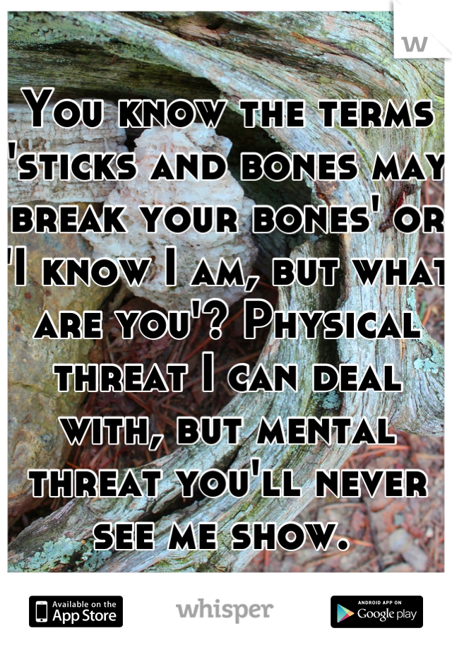 You know the terms 'sticks and bones may break your bones' or 'I know I am, but what are you'? Physical threat I can deal with, but mental threat you'll never see me show. 