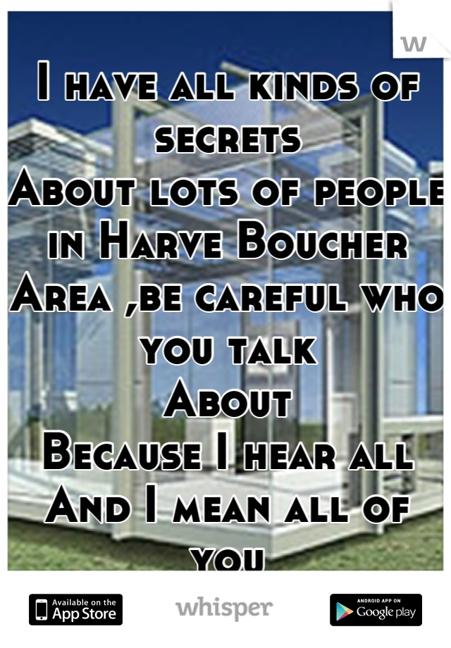 I have all kinds of secrets 
About lots of people in Harve Boucher
Area ,be careful who you talk 
About 
Because I hear all
And I mean all of you