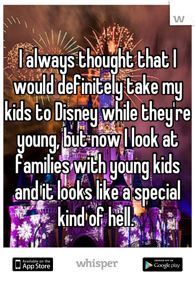 I always thought that I would definitely take my kids to Disney while they're young, but now I look at families with young kids and it looks like a special kind of hell. 