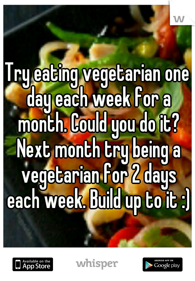 Try eating vegetarian one day each week for a month. Could you do it? Next month try being a vegetarian for 2 days each week. Build up to it :)