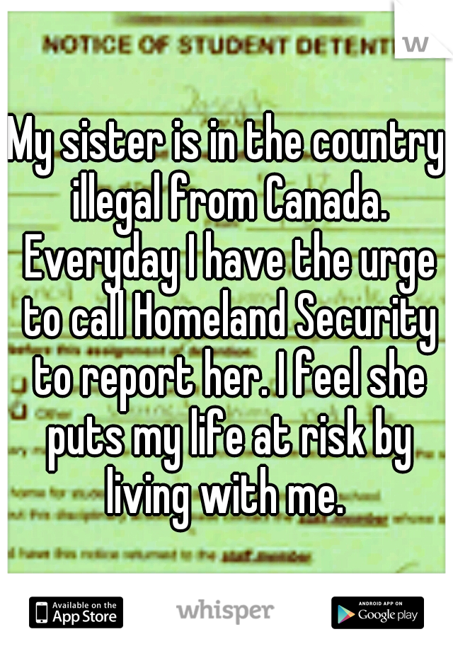 My sister is in the country illegal from Canada. Everyday I have the urge to call Homeland Security to report her. I feel she puts my life at risk by living with me. 