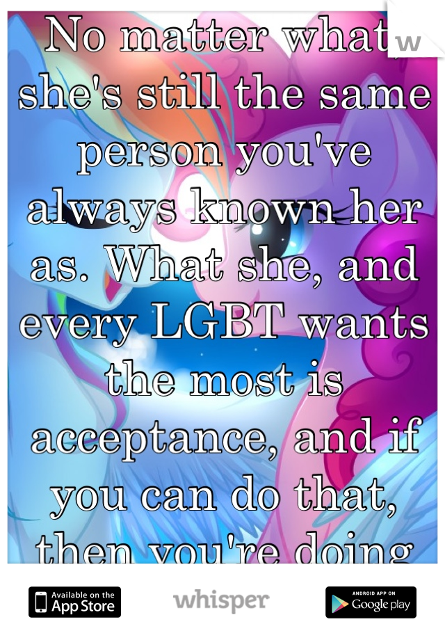 No matter what, she's still the same person you've always known her as. What she, and every LGBT wants the most is acceptance, and if you can do that, then you're doing your job. 