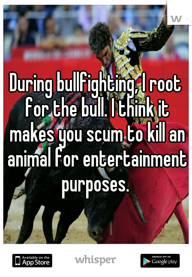 During bullfighting, I root for the bull. I think it makes you scum to kill an animal for entertainment purposes. 