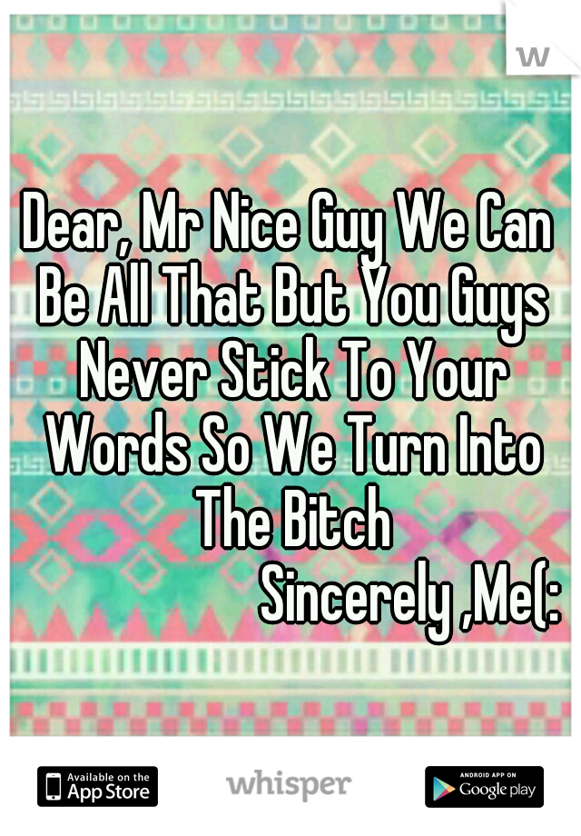 Dear, Mr Nice Guy We Can Be All That But You Guys Never Stick To Your Words So We Turn Into The Bitch 								Sincerely ,Me(: