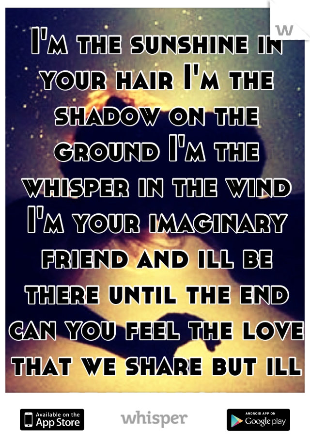 I'm the sunshine in your hair I'm the shadow on the ground I'm the whisper in the wind I'm your imaginary friend and ill be there until the end can you feel the love that we share but ill be with you..