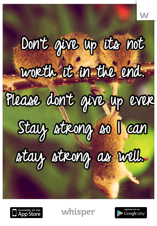 Don't give up its not worth it in the end. 
Please don't give up ever. Stay strong so I can stay strong as well.❤