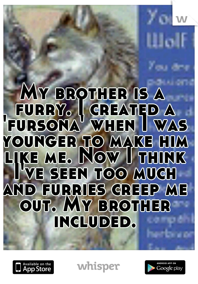 My brother is a furry. I created a 'fursona' when I was younger to make him like me. Now I think I've seen too much and furries creep me out. My brother included.