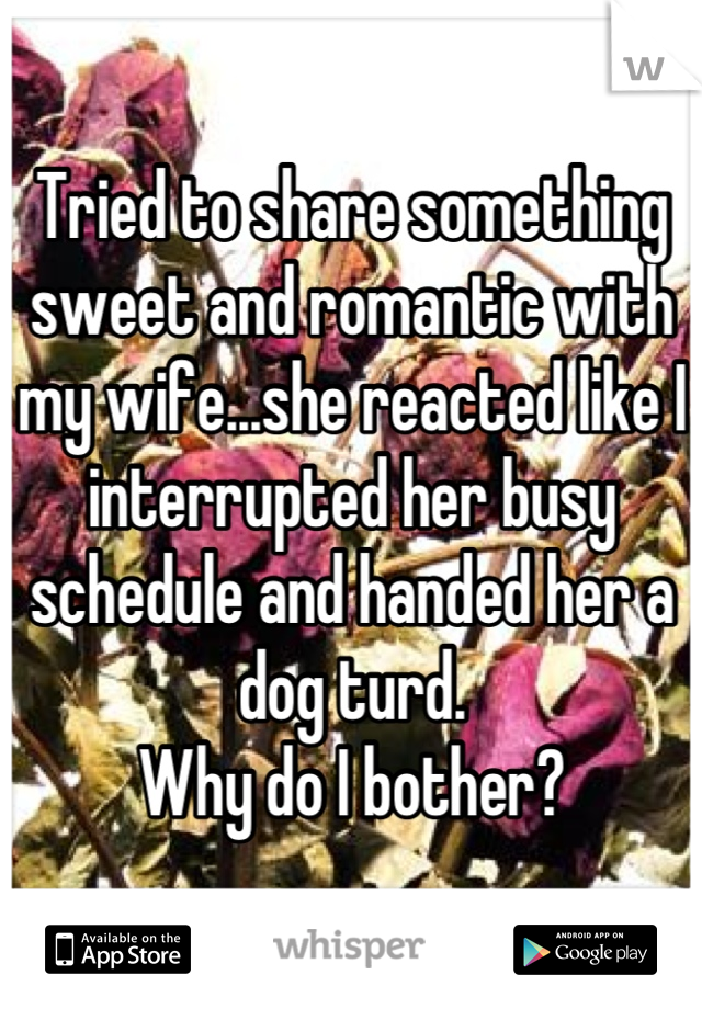 Tried to share something sweet and romantic with my wife...she reacted like I interrupted her busy schedule and handed her a dog turd.
Why do I bother?