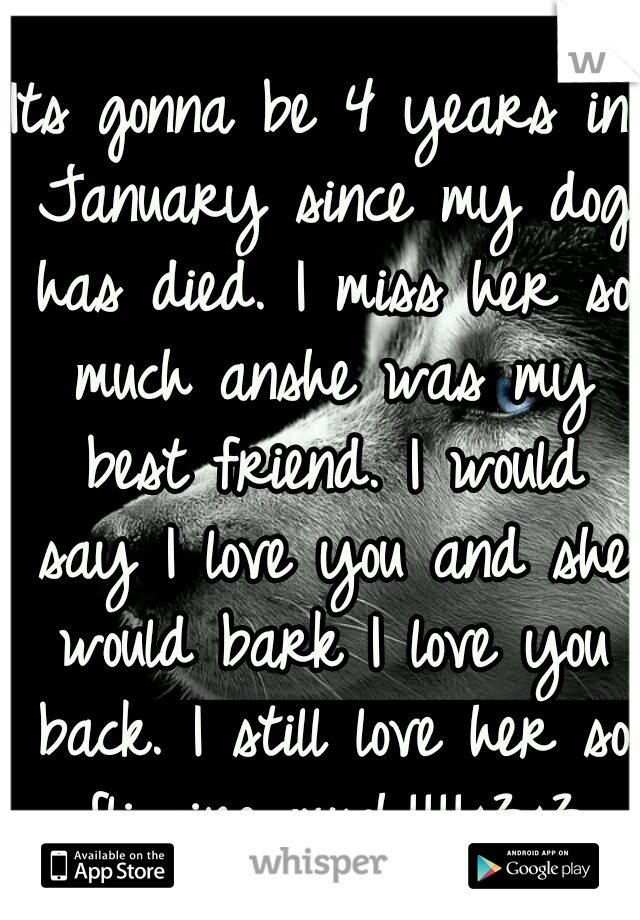 Its gonna be 4 years in January since my dog has died. I miss her so much anshe was my best friend. I would say I love you and she would bark I love you back. I still love her so flipping much!!!!<3<3