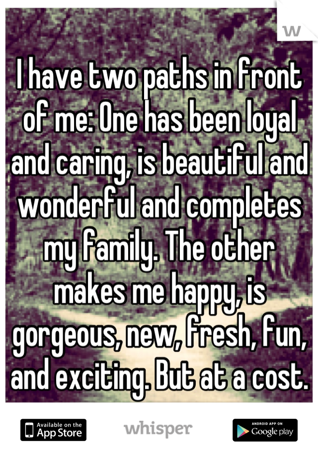 I have two paths in front of me: One has been loyal and caring, is beautiful and wonderful and completes my family. The other makes me happy, is gorgeous, new, fresh, fun, and exciting. But at a cost.