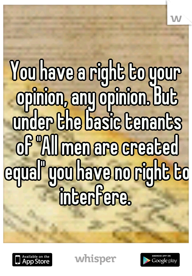 You have a right to your opinion, any opinion. But under the basic tenants of "All men are created equal" you have no right to interfere. 