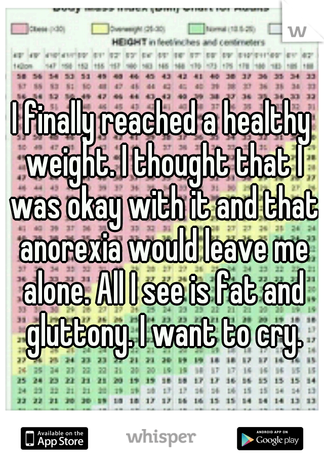 I finally reached a healthy weight. I thought that I was okay with it and that anorexia would leave me alone. All I see is fat and gluttony. I want to cry.