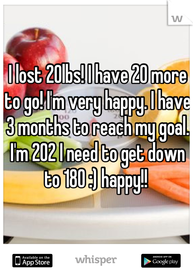 I lost 20lbs! I have 20 more to go! I'm very happy. I have 3 months to reach my goal. I'm 202 I need to get down to 180 :) happy!! 