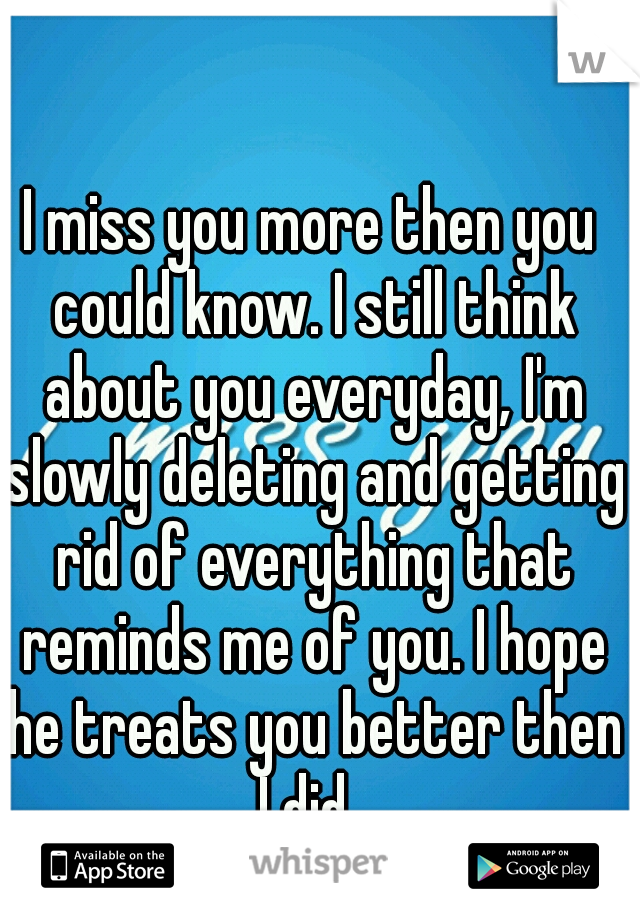 I miss you more then you could know. I still think about you everyday, I'm slowly deleting and getting rid of everything that reminds me of you. I hope he treats you better then I did. 
