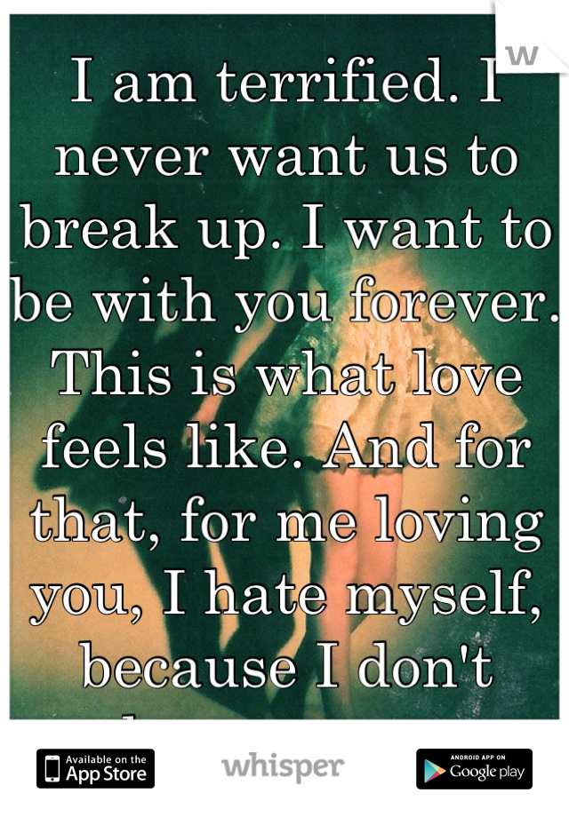 I am terrified. I never want us to break up. I want to be with you forever. This is what love feels like. And for that, for me loving you, I hate myself, because I don't deserve you. 