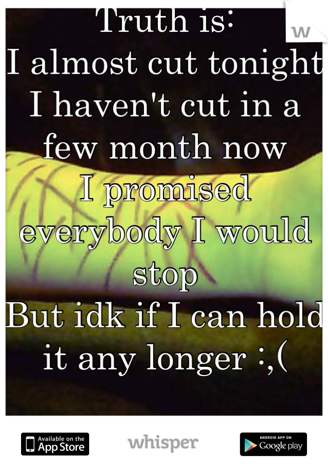 Truth is:
I almost cut tonight
I haven't cut in a few month now
I promised everybody I would stop 
But idk if I can hold it any longer :,(