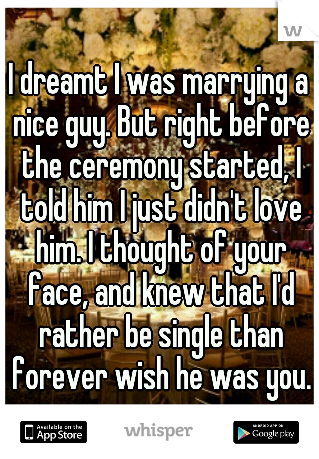 I dreamt I was marrying a nice guy. But right before the ceremony started, I told him I just didn't love him. I thought of your face, and knew that I'd rather be single than forever wish he was you.