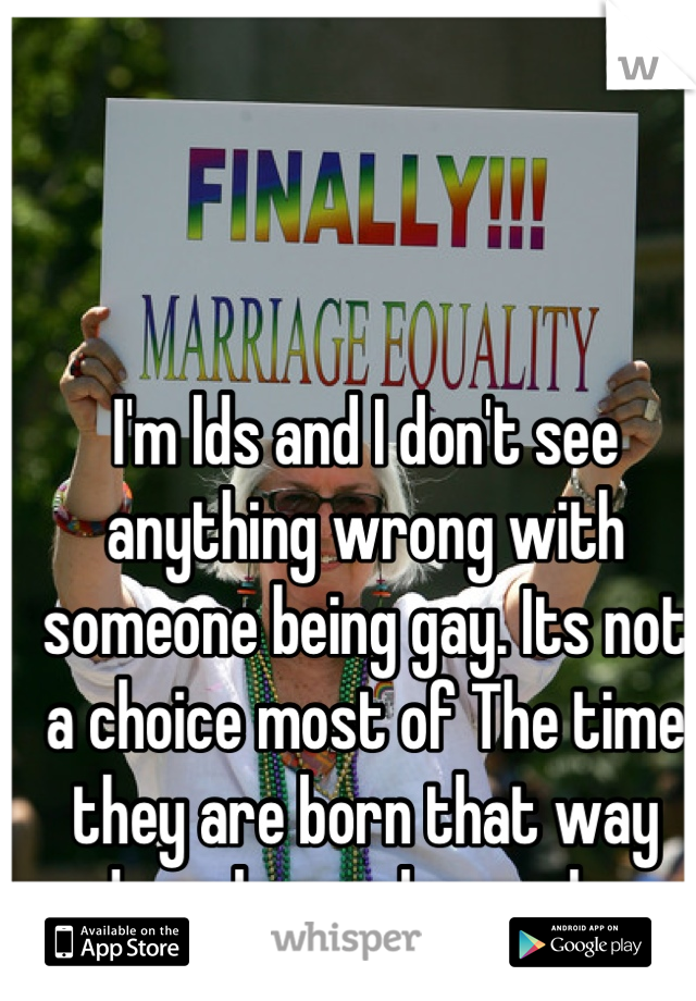 I'm lds and I don't see anything wrong with someone being gay. Its not a choice most of The time they are born that way and you love who you love. 