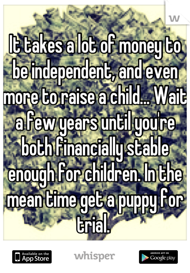 It takes a lot of money to be independent, and even more to raise a child... Wait a few years until you're both financially stable enough for children. In the mean time get a puppy for trial. 
