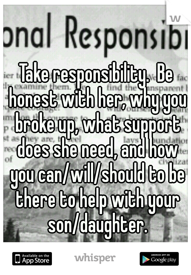 Take responsibility.  Be honest with her, why you broke up, what support does she need, and how you can/will/should to be there to help with your son/daughter.