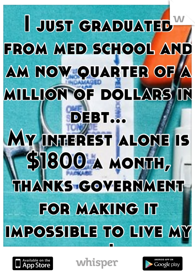 I just graduated from med school and am now quarter of a million of dollars in debt...
My interest alone is $1800 a month, thanks government for making it impossible to live my life! 