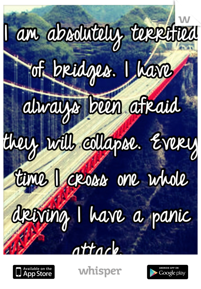 I am absolutely terrified of bridges. I have always been afraid they will collapse. Every time I cross one whole driving I have a panic attack 