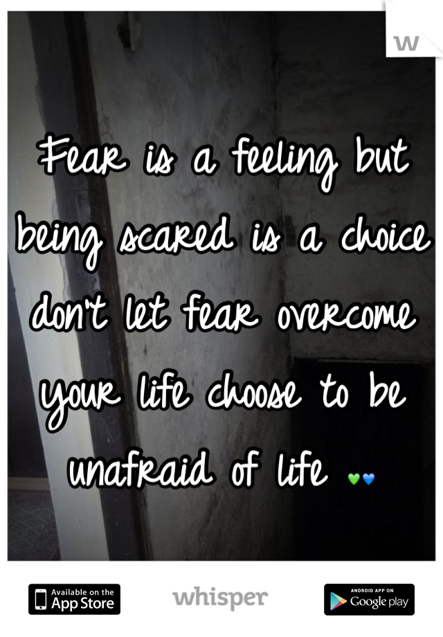 Fear is a feeling but being scared is a choice don't let fear overcome your life choose to be unafraid of life 💚💙