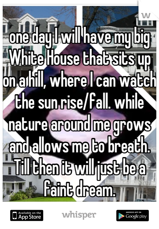 one day I will have my big White House that sits up on a hill, where I can watch the sun rise/fall. while nature around me grows and allows me to breath. 
Till then it will just be a faint dream.
