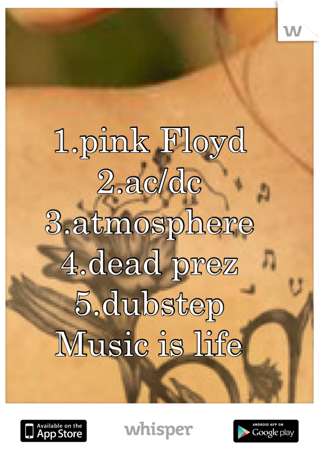 1.pink Floyd
2.ac/dc
3.atmosphere
4.dead prez
5.dubstep
Music is life
