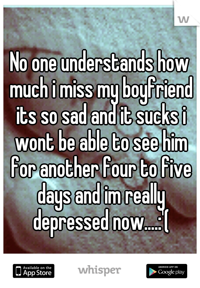 No one understands how much i miss my boyfriend its so sad and it sucks i wont be able to see him for another four to five days and im really depressed now....:'(
