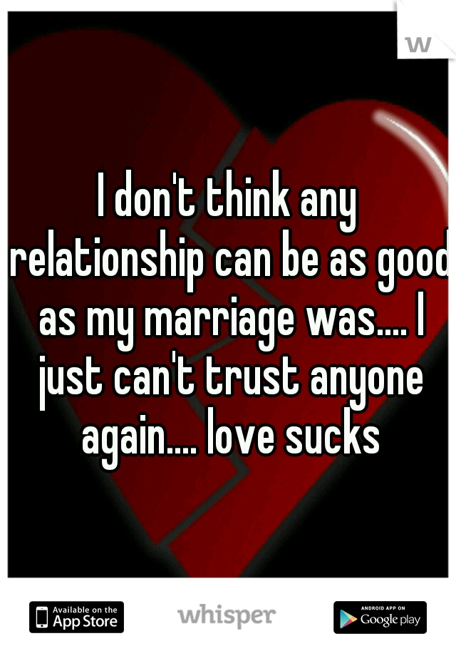 I don't think any relationship can be as good as my marriage was.... I just can't trust anyone again.... love sucks