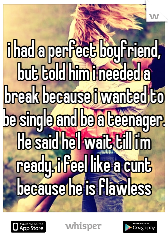 i had a perfect boyfriend, but told him i needed a break because i wanted to be single and be a teenager. He said he'l wait till i'm ready. i feel like a cunt because he is flawless
