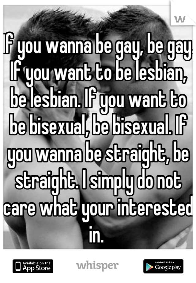 If you wanna be gay, be gay. If you want to be lesbian, be lesbian. If you want to be bisexual, be bisexual. If you wanna be straight, be straight. I simply do not care what your interested in. 