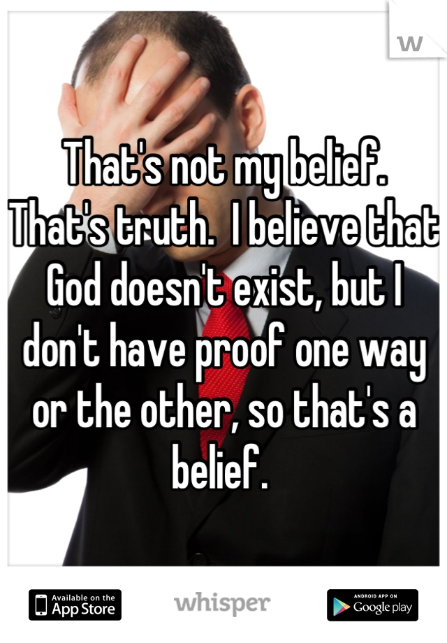 That's not my belief.  That's truth.  I believe that God doesn't exist, but I don't have proof one way or the other, so that's a belief. 