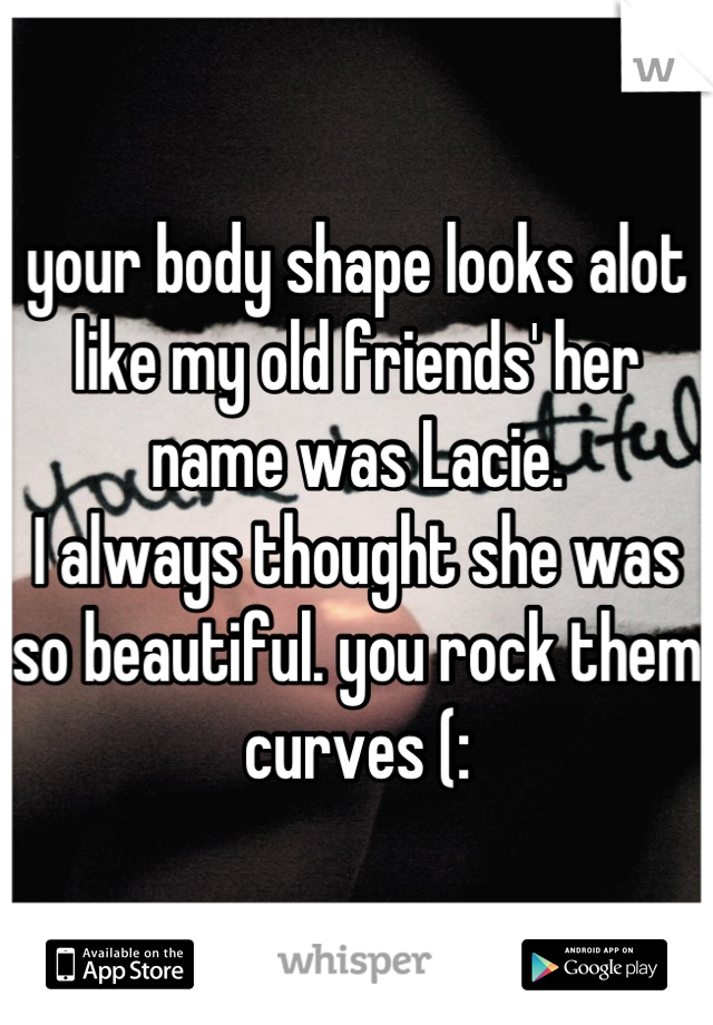 your body shape looks alot like my old friends' her name was Lacie.
I always thought she was so beautiful. you rock them curves (: