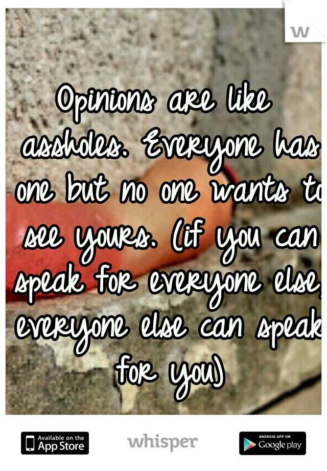 Opinions are like assholes. Everyone has one but no one wants to see yours. (if you can speak for everyone else, everyone else can speak for you)