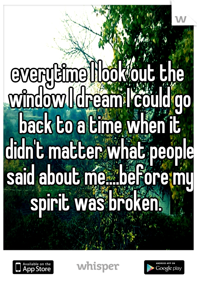 everytime I look out the window I dream I could go back to a time when it didn't matter what people said about me....before my spirit was broken.  