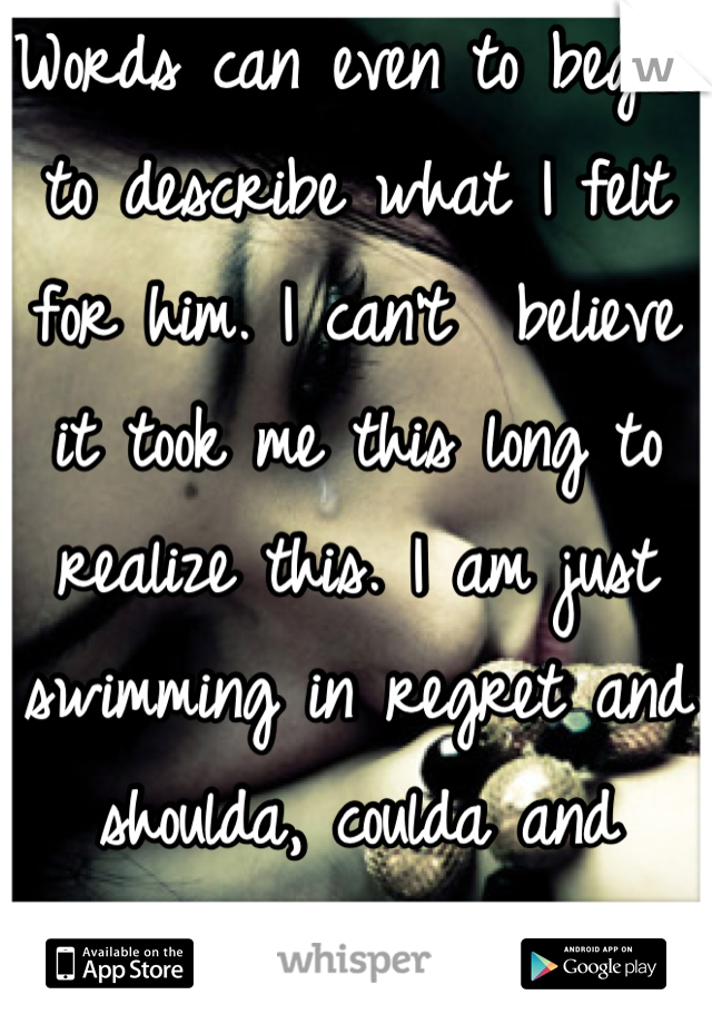 Words can even to began to describe what I felt for him. I can't  believe it took me this long to realize this. I am just swimming in regret and shoulda, coulda and woulda. :(