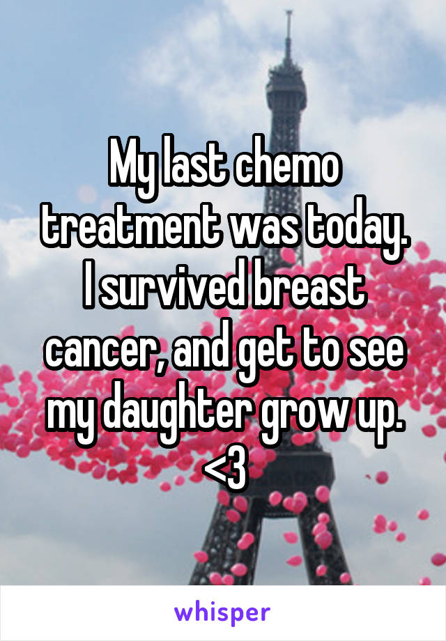 My last chemo treatment was today.
I survived breast cancer, and get to see my daughter grow up. <3